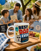 A family enjoying a picnic outdoors, with a father holding a "Happy Father's Day" card and a "Best Dad Ever" mug in front of them.