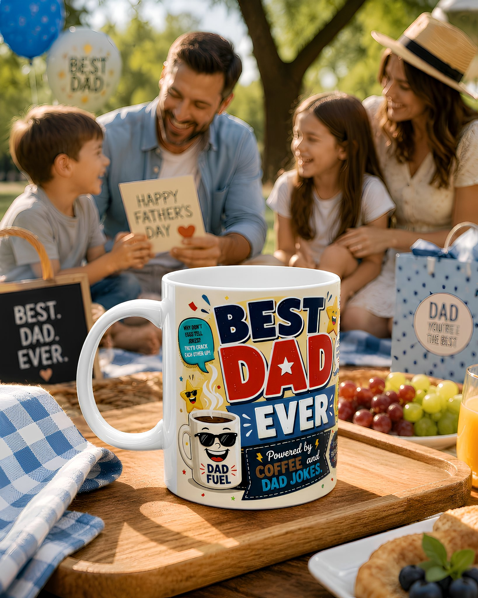 A family enjoying a picnic outdoors, with a father holding a "Happy Father's Day" card and a "Best Dad Ever" mug in front of them.