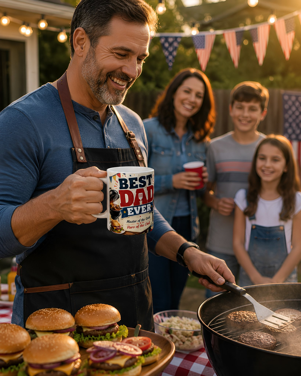 A man in a blue shirt is grilling hamburgers on a barbecue, while a woman and two children stand nearby, smiling and enjoying the outdoor gathering.