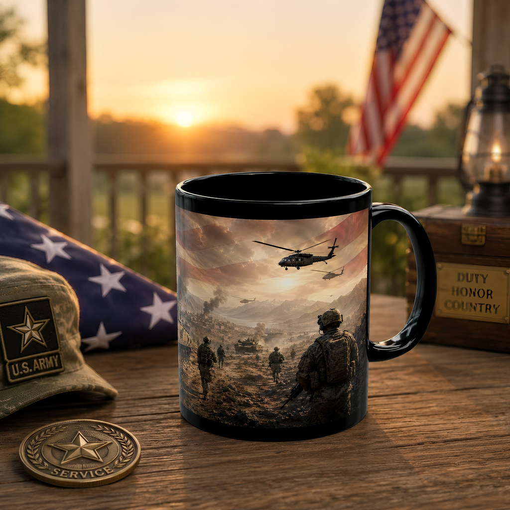 a black mug with a military scene printed on it, placed on a wooden surface. In the background, there is an American flag and a lantern, suggesting a patriotic or military-themed setting.