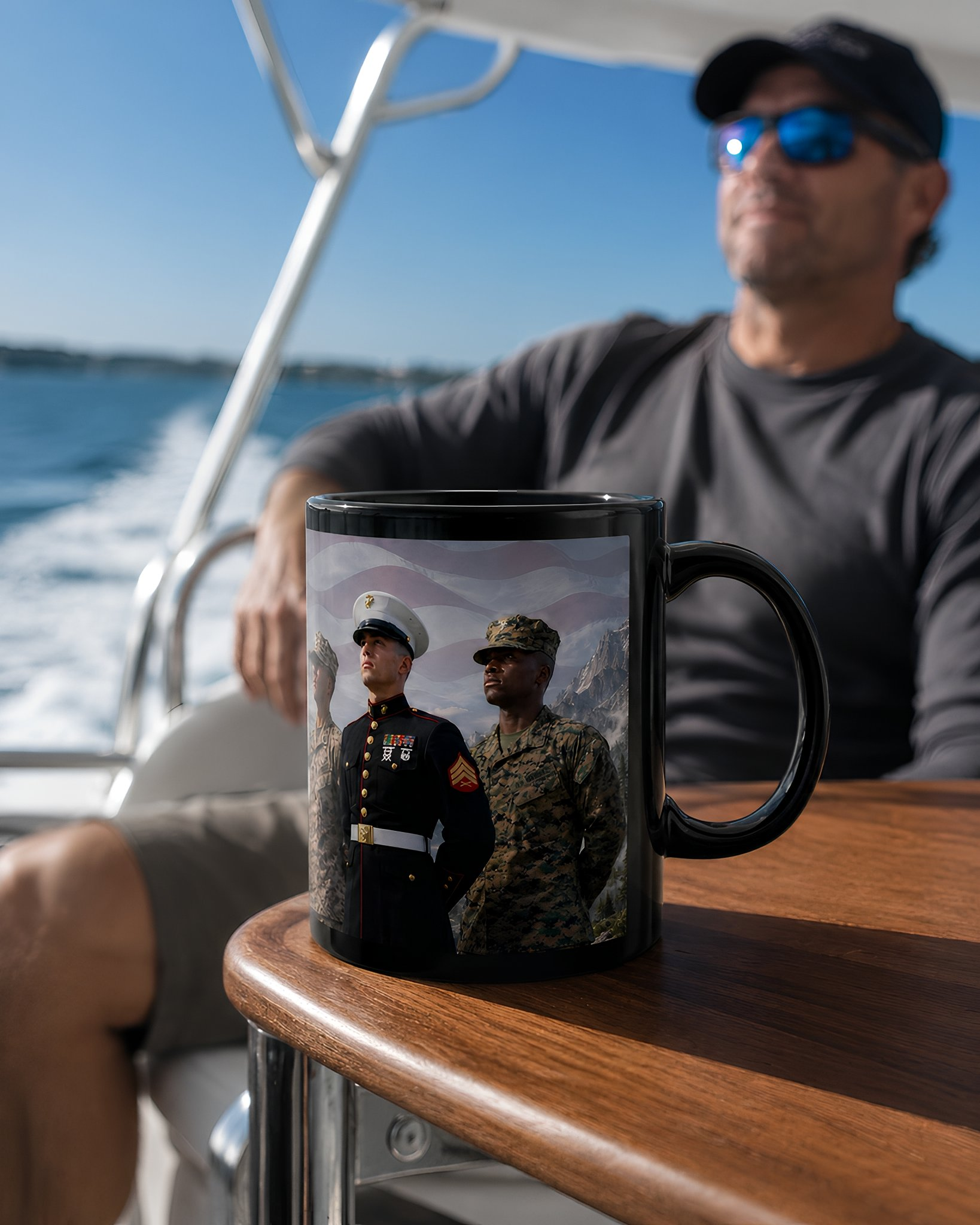 A black mug with a printed image of two military personnel on it, placed on a wooden table.