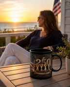 A woman is sitting on a porch, enjoying the sunset, with a mug featuring the number "250" and the text "United States of America" on it.