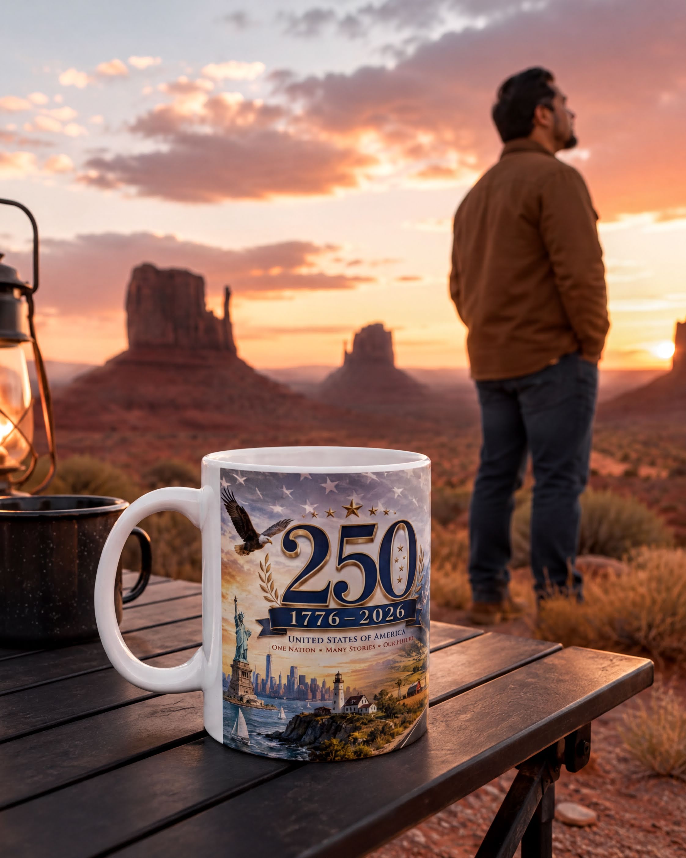 A mug with a design featuring the Statue of Liberty and the text "250 1776 2026" is placed on a wooden table, with a person standing in the background and a desert landscape with rock formations visible in the distance.