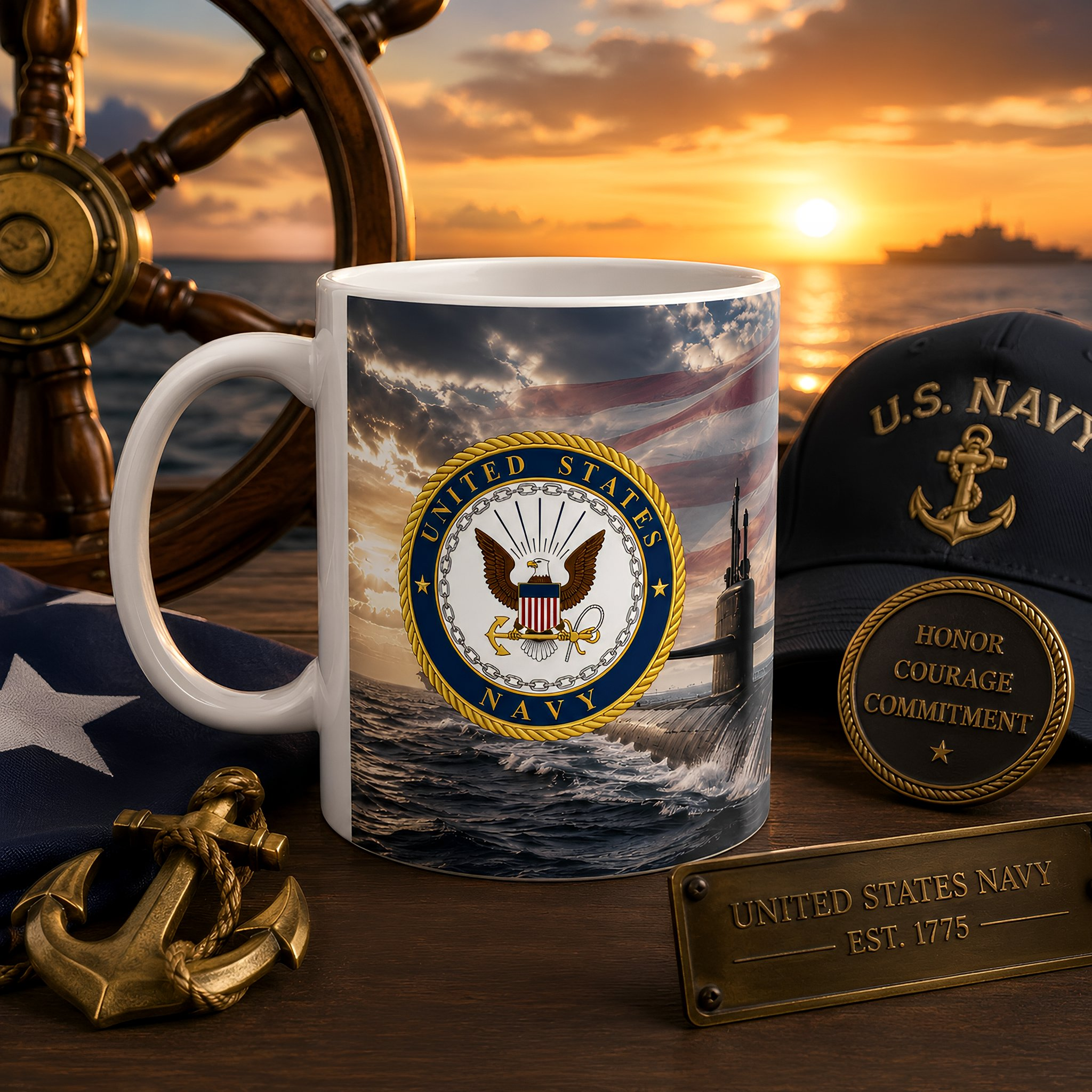 a mug with a design of the United States Navy, a navy hat, a ship's wheel, and a United States Navy plaque, all set against a sunset backdrop.