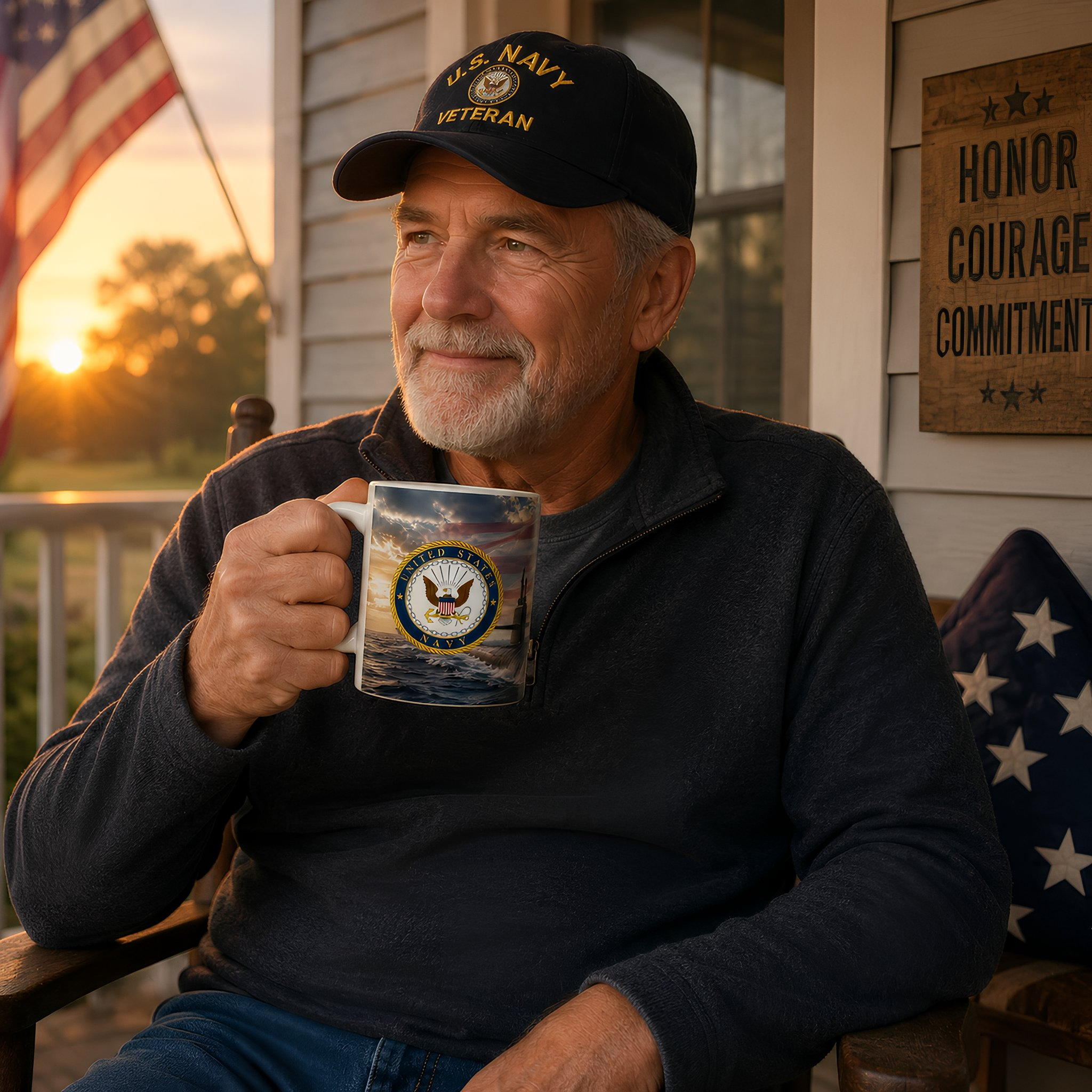 An older man with a beard is sitting on a porch, holding a mug with a U.S. Navy logo, and wearing a black cap with the words "U.S. NAVY VETERAN" on it.