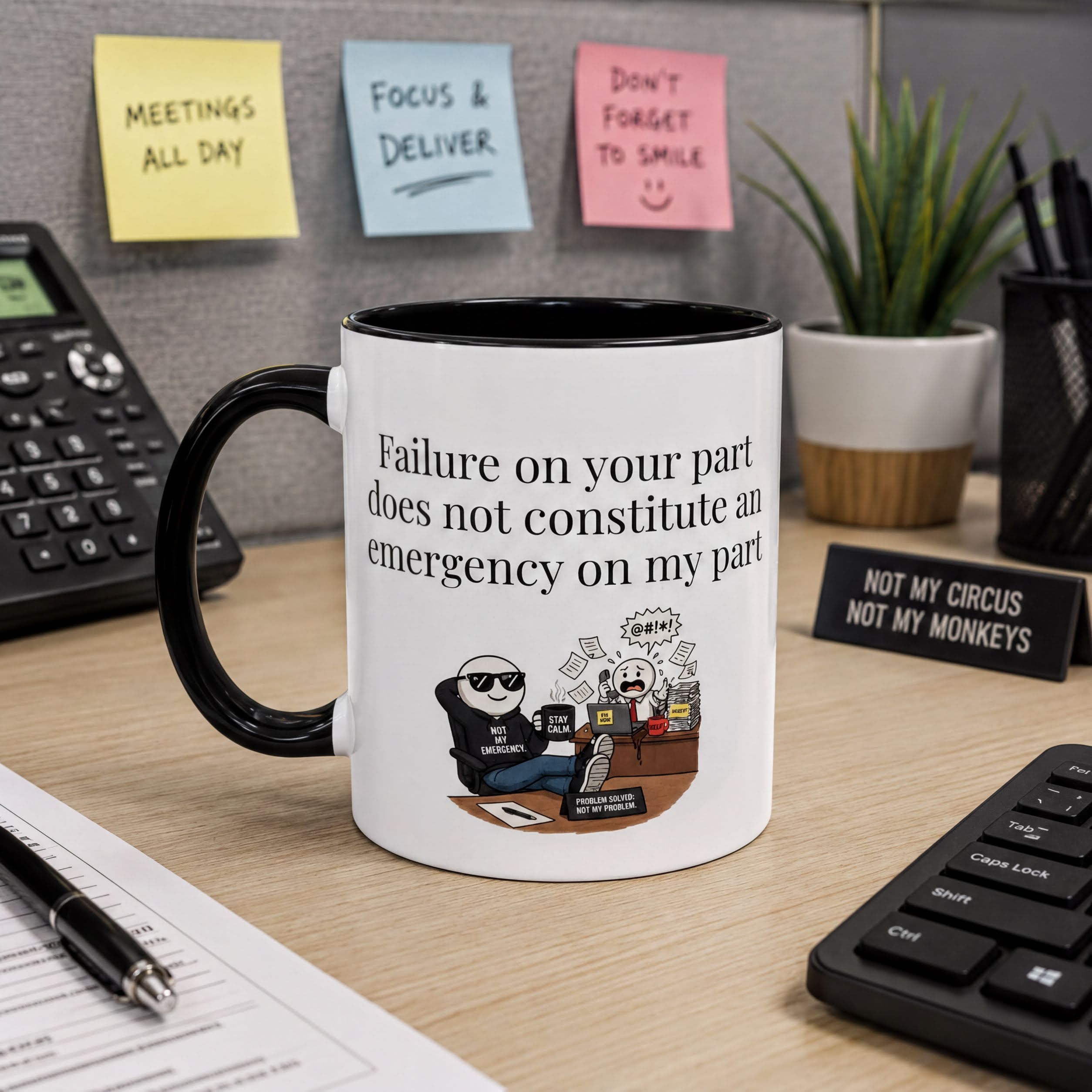 A black and white mug with a cartoon character and text on it, placed on a desk with a keyboard, calculator, and sticky notes.