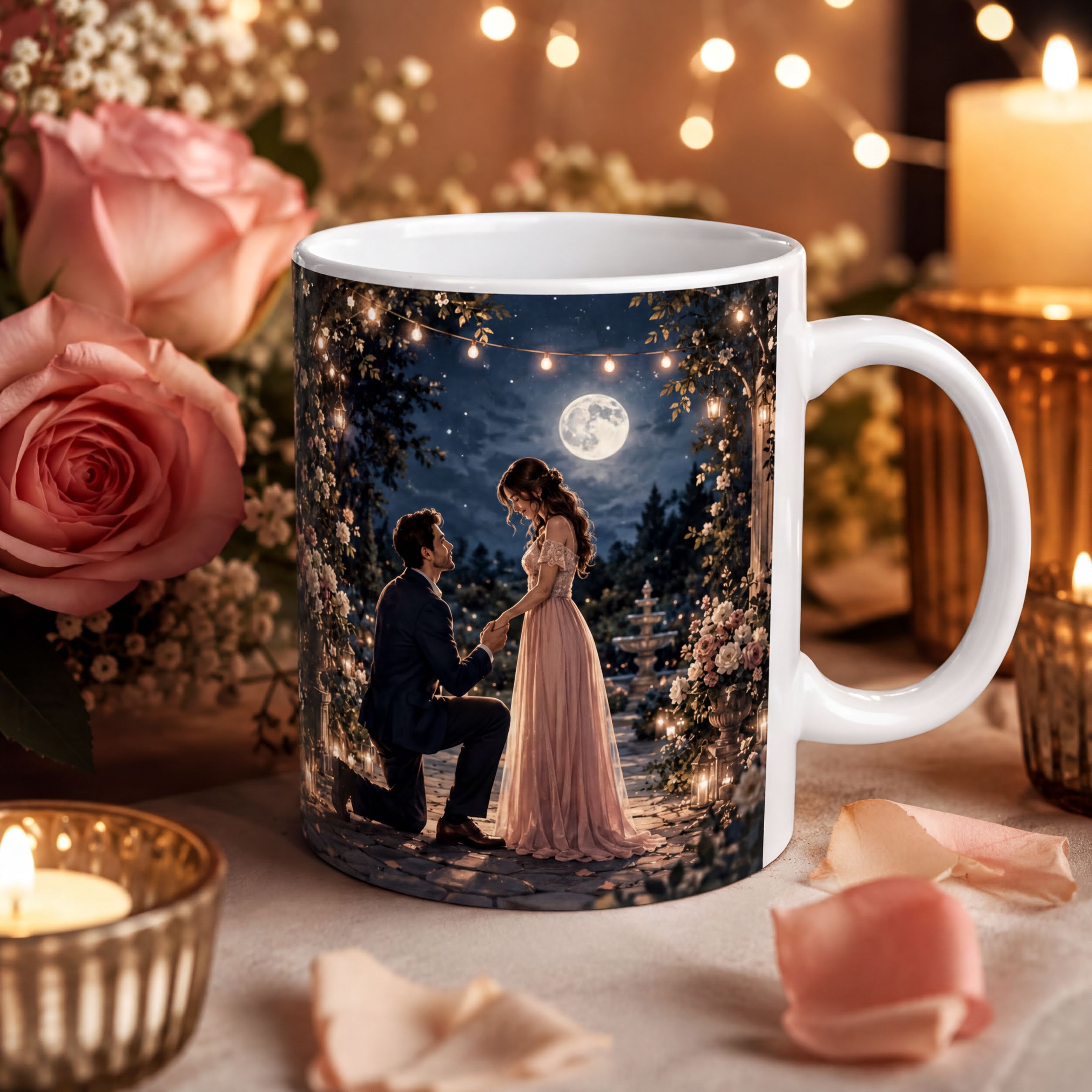 A white mug with a printed image of a couple in a romantic setting, surrounded by flowers and lit candles.