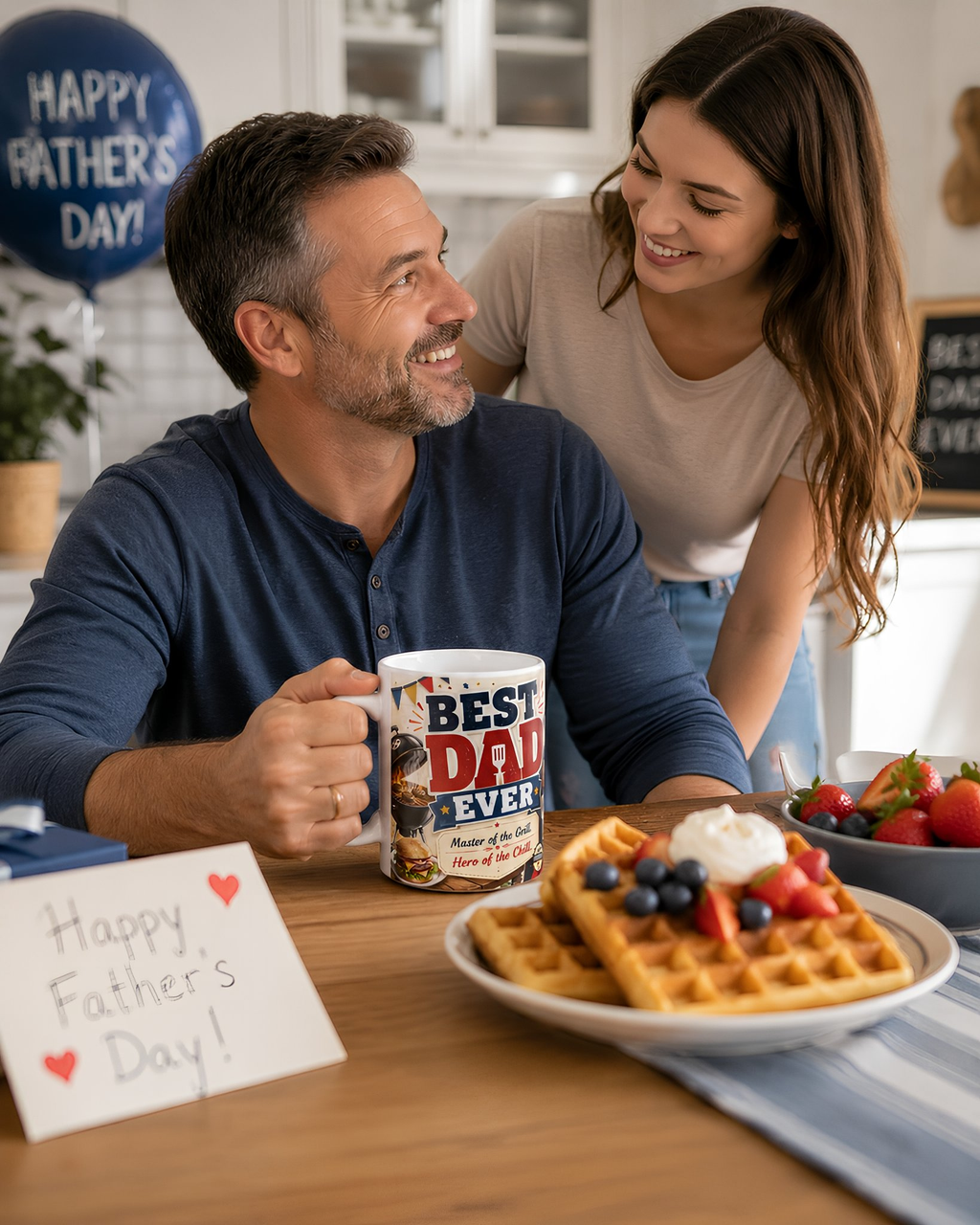 A man and a woman are sitting at a table with waffles and strawberries, smiling and enjoying each other's company. The man is holding a mug with the text "Best Dad Ever" printed on it.
