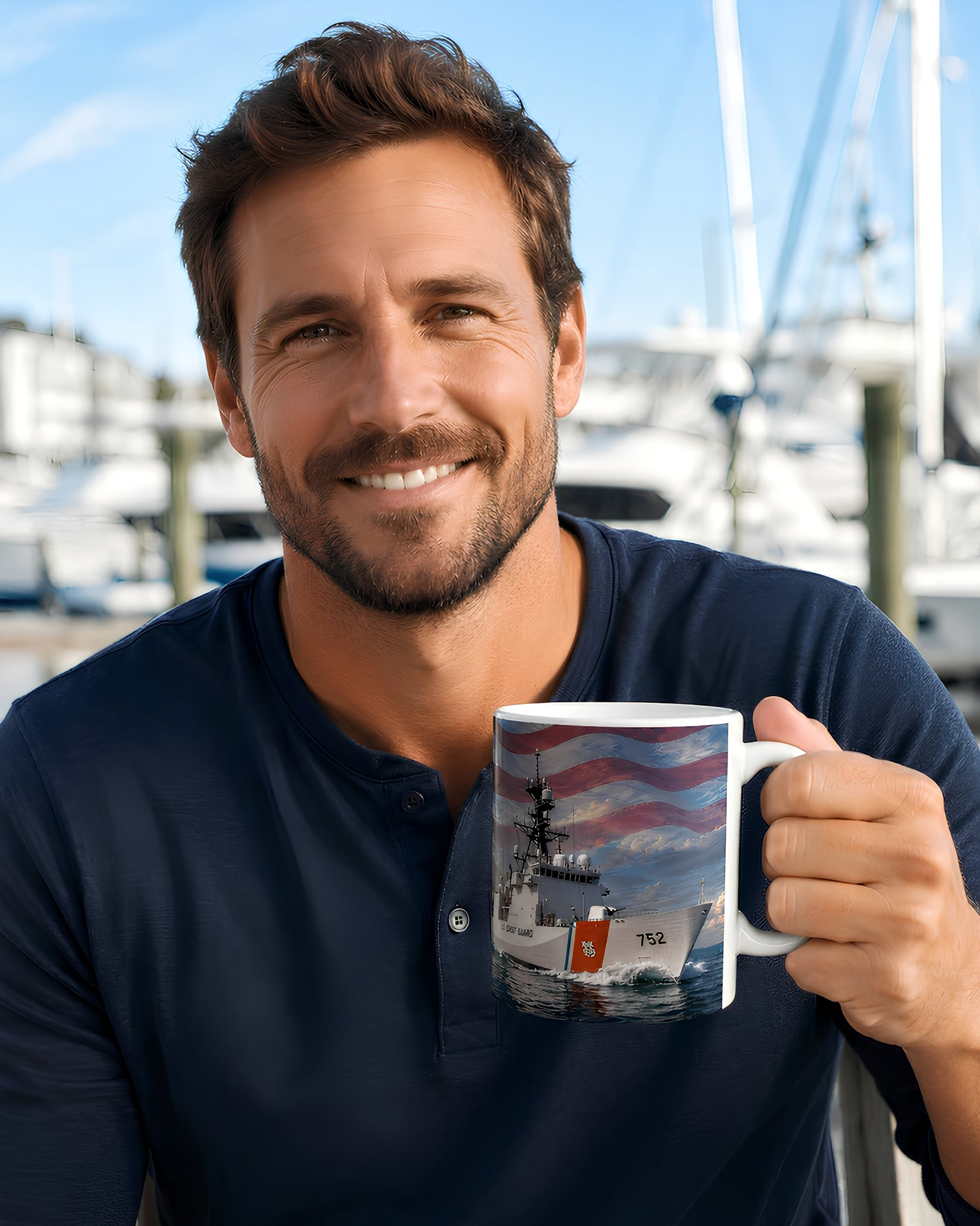 A man is holding a mug with a picture of a ship printed on it, and he is smiling at the camera.