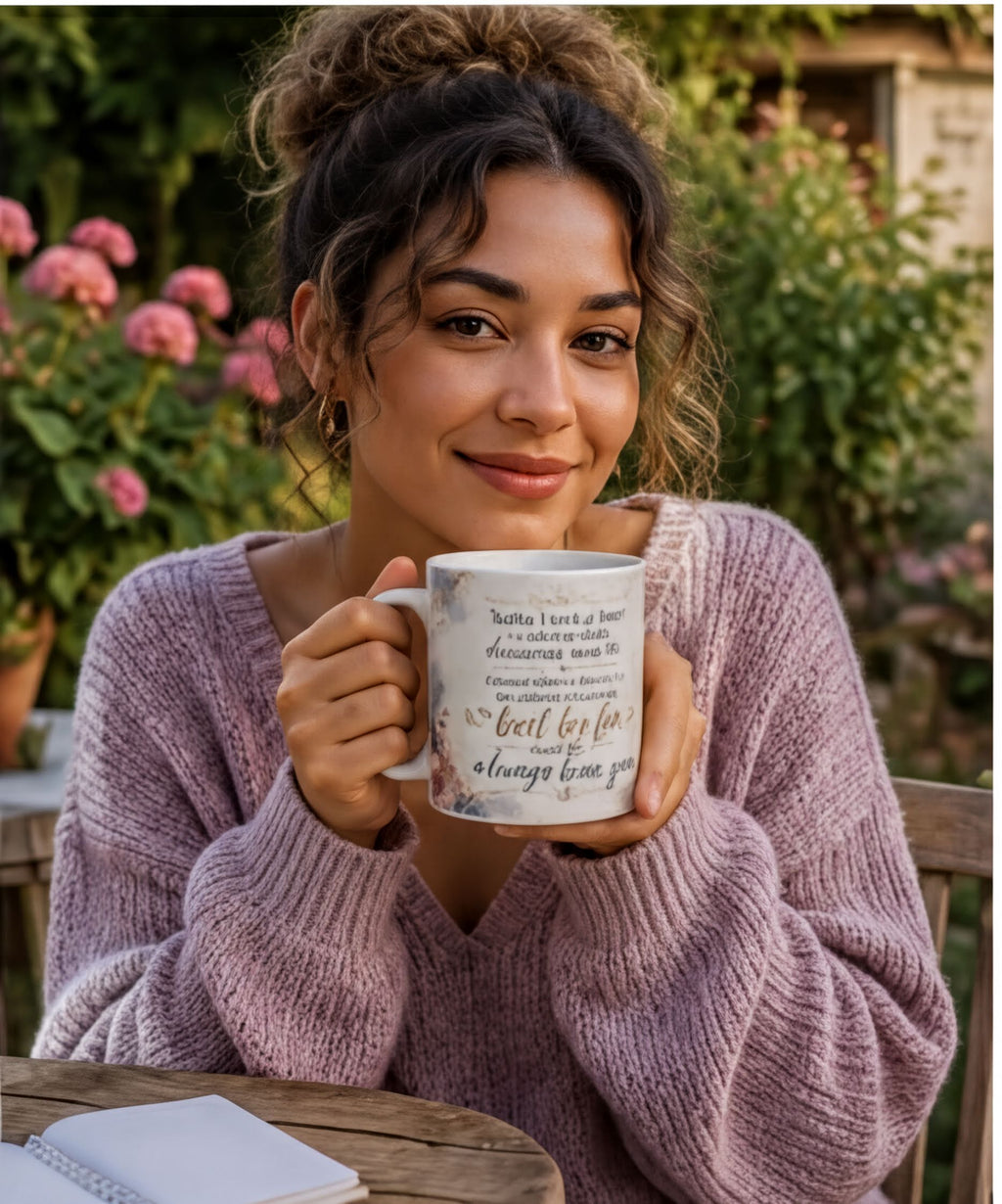 A woman in a purple sweater is sitting at a table, holding a mug with text on it, smiling and looking at the camera.
