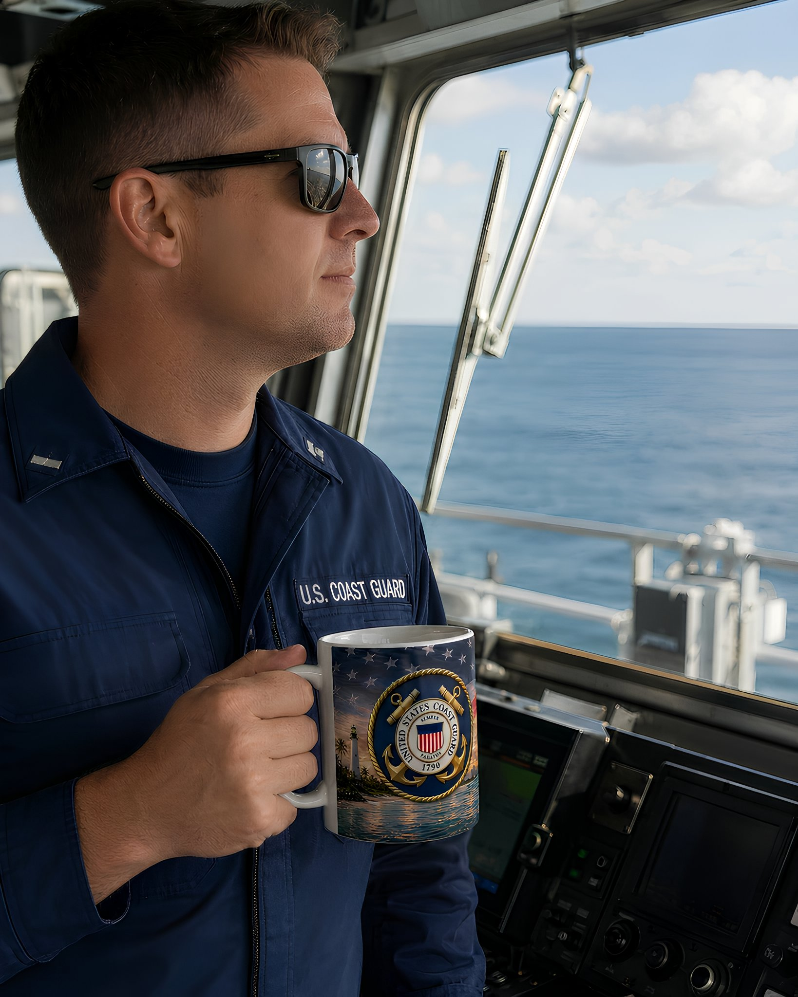 A man in a blue uniform, likely a U.S. Coast Guard officer, is standing on a ship's deck and holding a mug with a design featuring the U.S. Coast Guard seal.