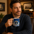 A man with a beard is sitting at a desk, holding a mug with a military emblem on it.