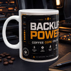 A white coffee mug with a black and orange design, featuring the text "BACKUP POWER COFFEE CORE ONLINE" and various icons related to coffee.