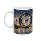 A mug featuring the United States Coast Guard seal, with a lighthouse and ocean in the background.