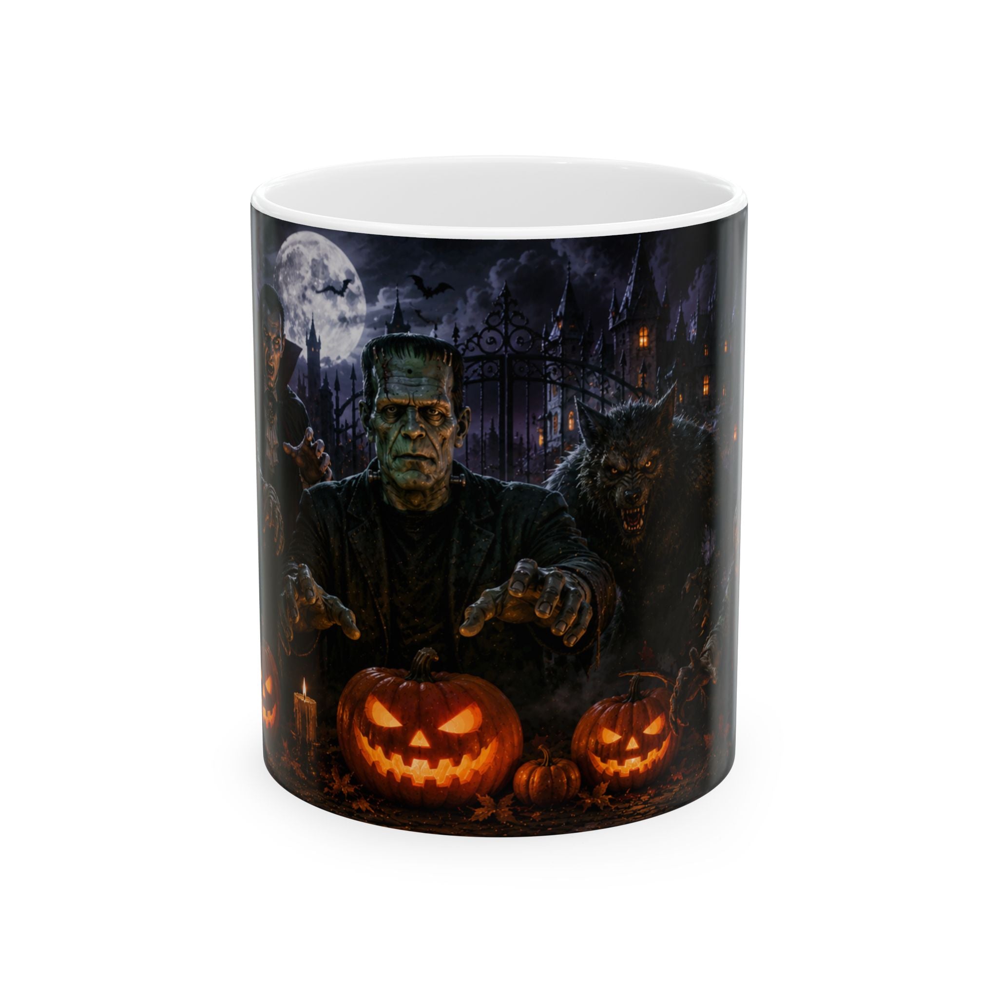 Halloween Monster Mug — Spooky Frankenstein & Jack-O'-Lantern Ceramic Coffee Cup (11oz/15oz)