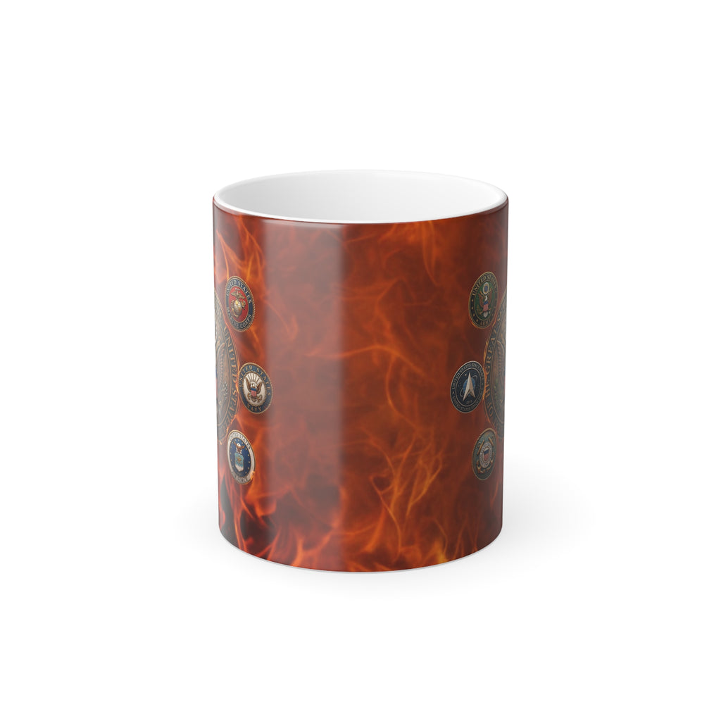 A cylindrical coffee mug with a flame-like design on its surface.