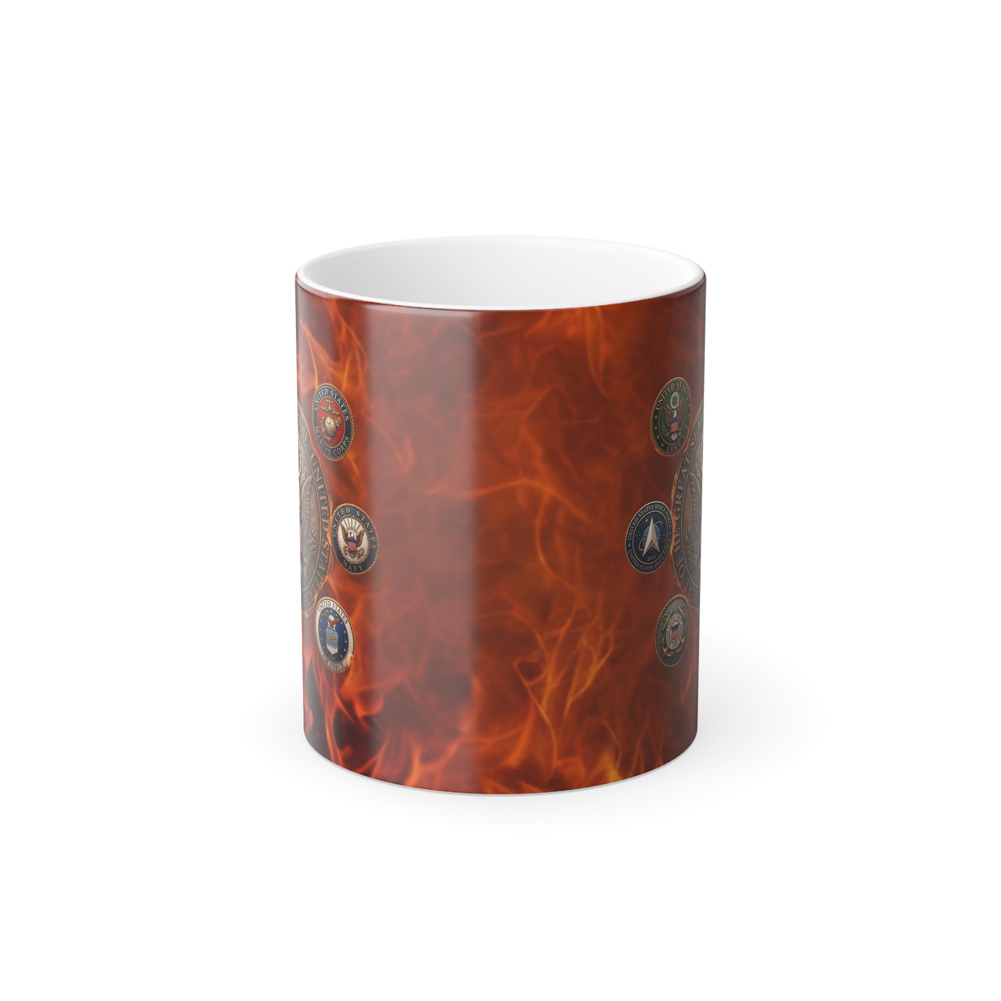A cylindrical coffee mug with a flame-like design on its surface.