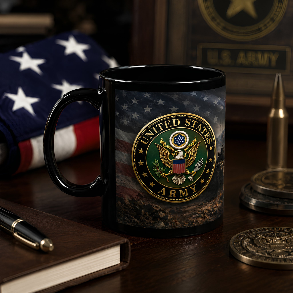 a black mug with a design of the United States Army seal, surrounded by various military memorabilia such as a U.S. Army insignia, a bullet, a pen, and a book.