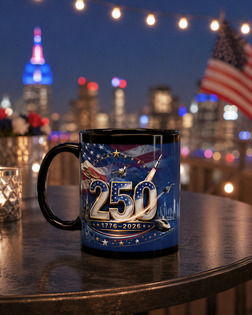 A black coffee mug with a patriotic design featuring the number "250" and the text "1776-2026" is displayed on a table, with a blurred city skyline and American flag in the background.