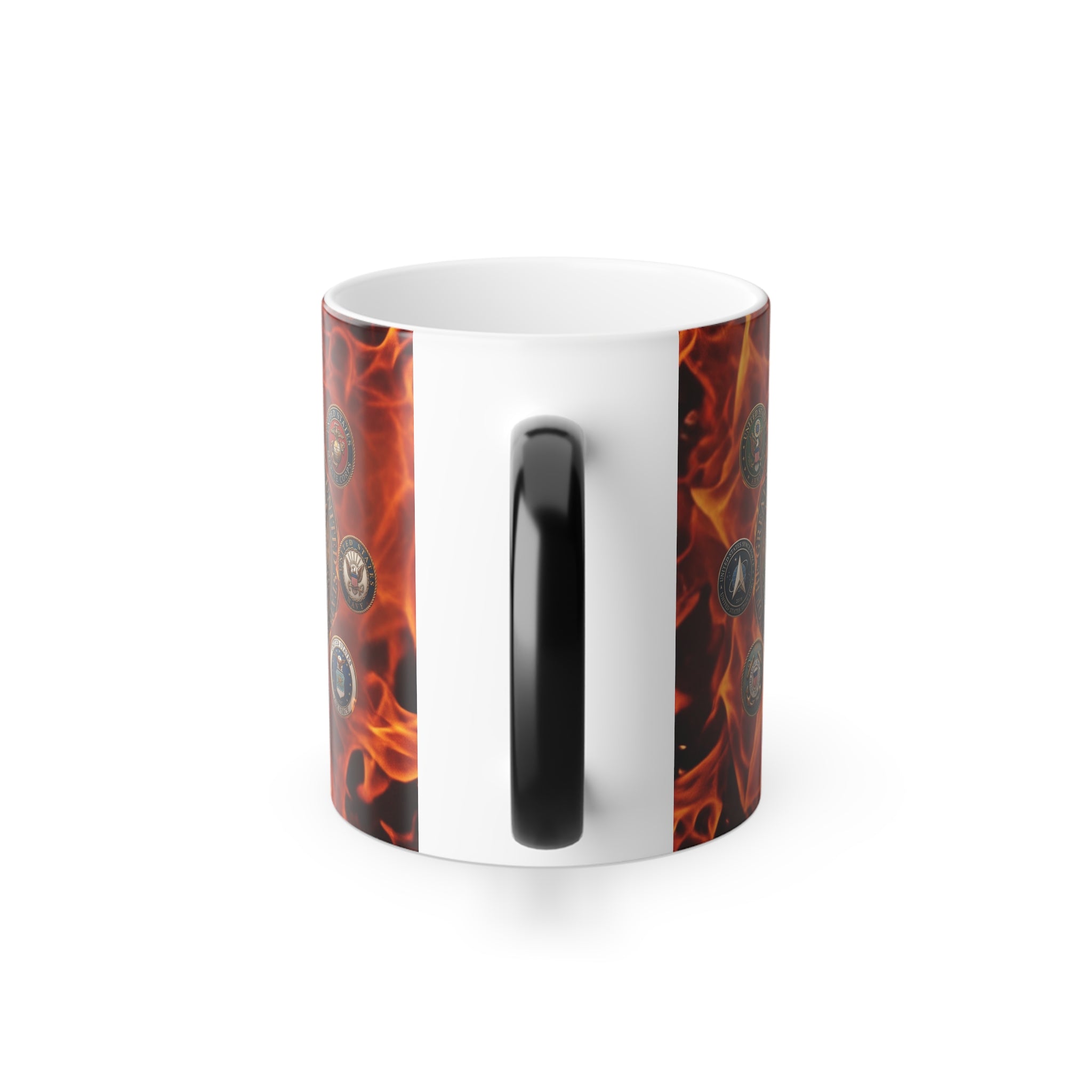 A white ceramic mug with a black handle, featuring a vibrant design of flames and other abstract shapes.