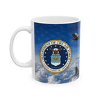 A white ceramic mug with a design featuring the United States Air Force seal and a jet aircraft in the sky.