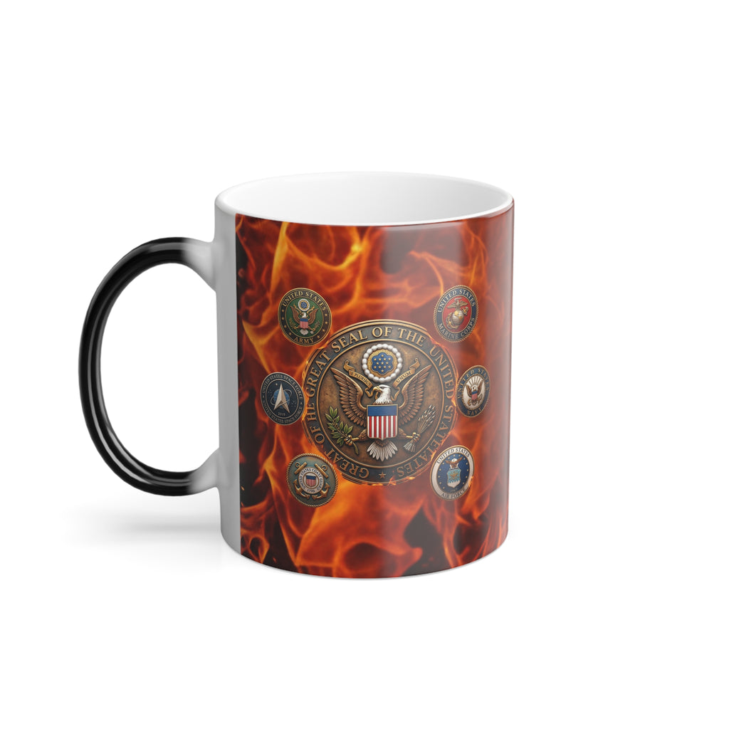 A white ceramic mug with a design featuring the seal of the United States, surrounded by flames.