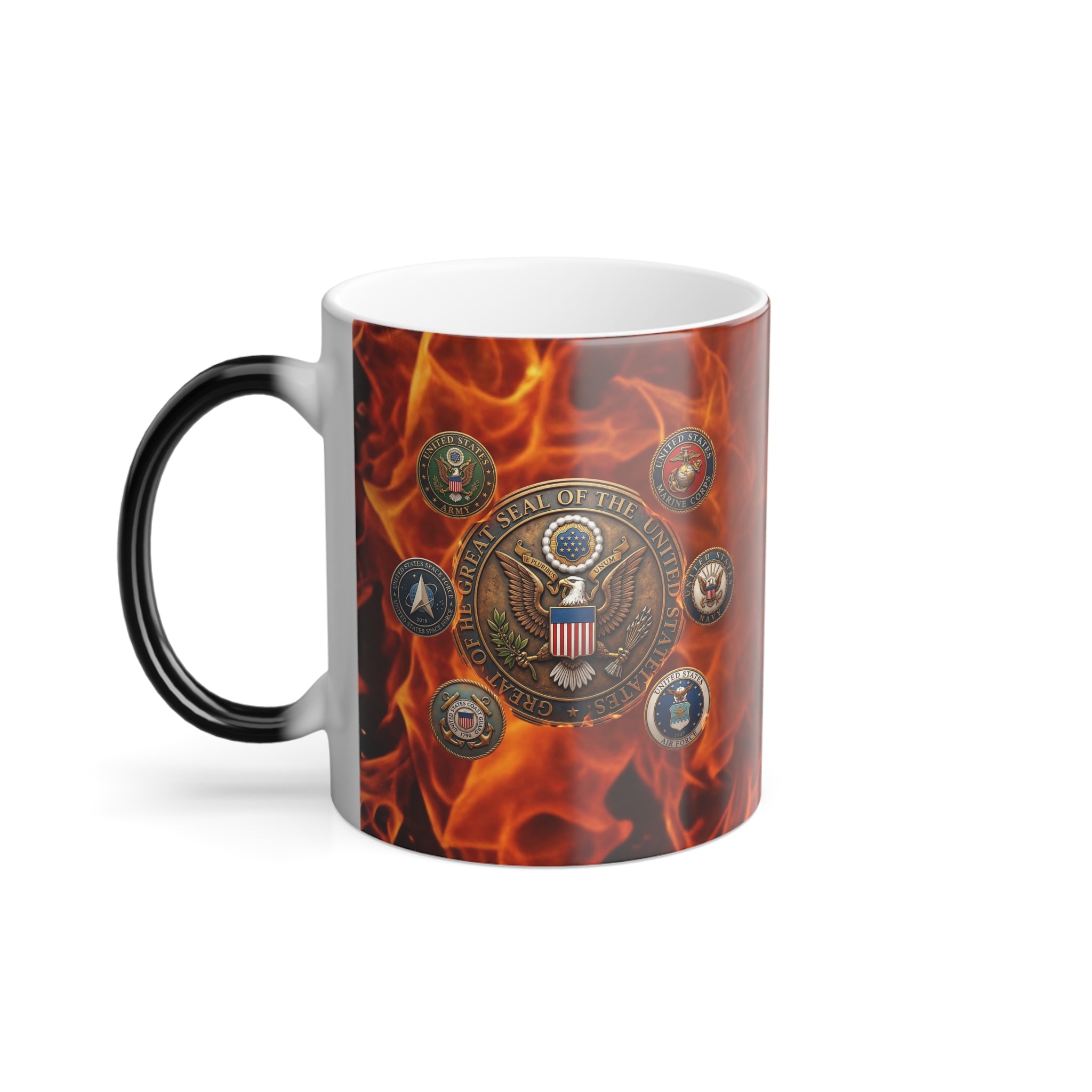 A white ceramic mug with a design featuring the seal of the United States, surrounded by flames.