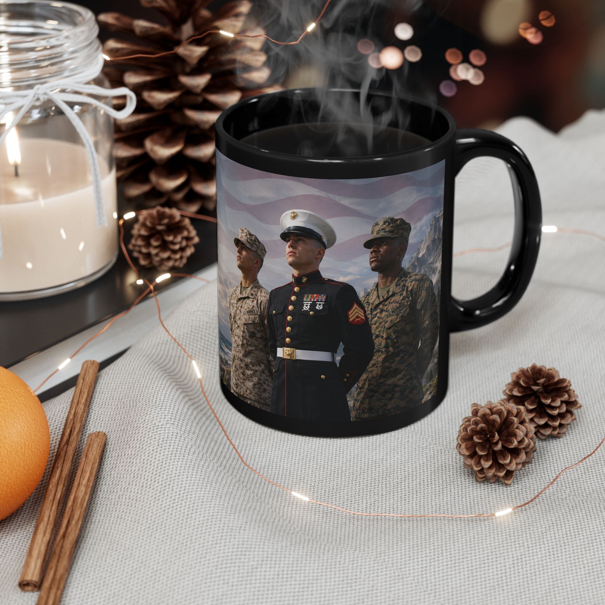 A black mug with a printed image of three military personnel, likely a Marine, on it, surrounded by pine cones and other holiday decorations.