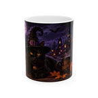 Halloween Black Cat Ceramic Mug (11oz & 15oz) - Witch Hat, Spooky Night Design