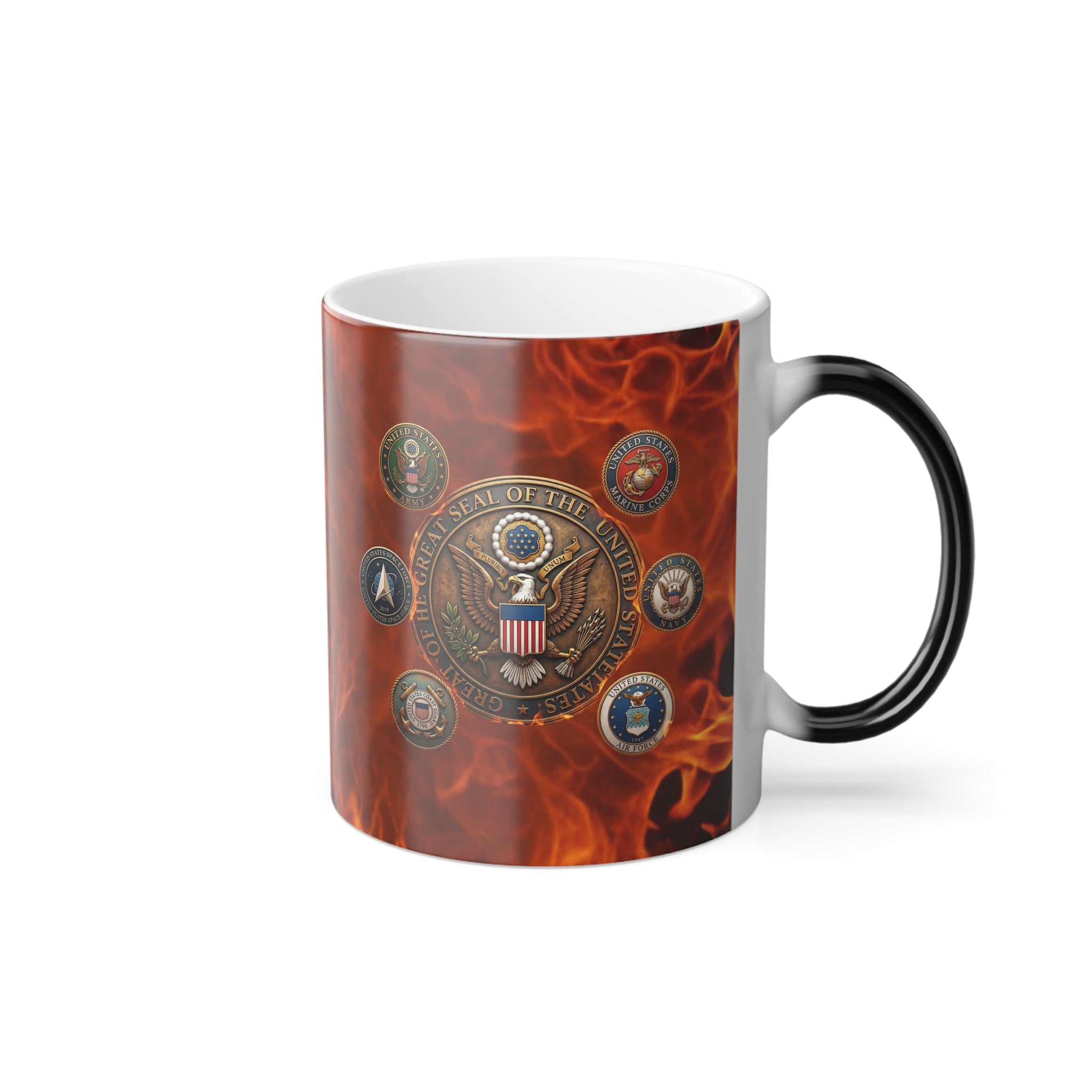 A black and white mug with a design featuring the seal of the United States of America surrounded by various military insignia.
