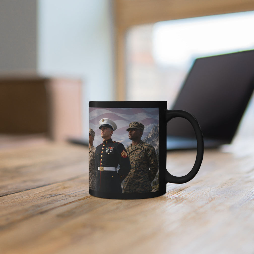 A black coffee mug with a printed image of two military personnel standing together.