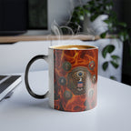 A white mug with a design featuring the seal of the United States on a flame background, sitting on a table with steam rising from it.