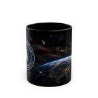 A black coffee mug with a space-themed design featuring a space shuttle, Earth, and the International Space Station.