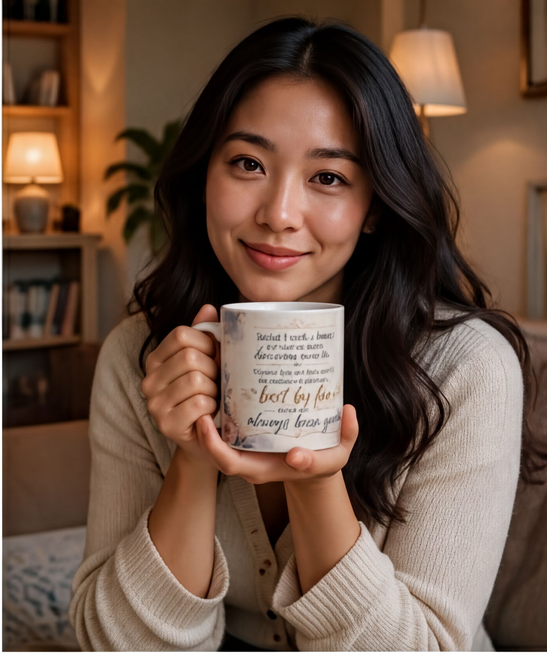 A woman with long dark hair is holding a mug with text on it, smiling and looking directly at the camera.