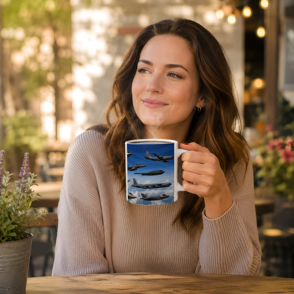 A woman is sitting at a table, holding a mug with an image of airplanes on it.