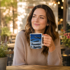 A woman is sitting at a table, holding a mug with an image of airplanes on it.