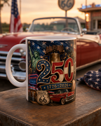 A mug with a design featuring the Statue of Liberty, Route 66, and a car, along with the number "250" and the text "American Diner 1776-2026".