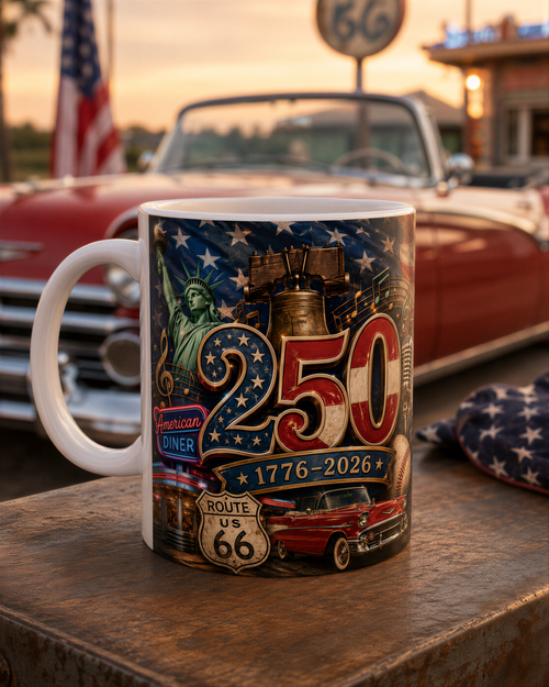 A mug with a design featuring the Statue of Liberty, Route 66, and a car, along with the number "250" and the text "American Diner 1776-2026".