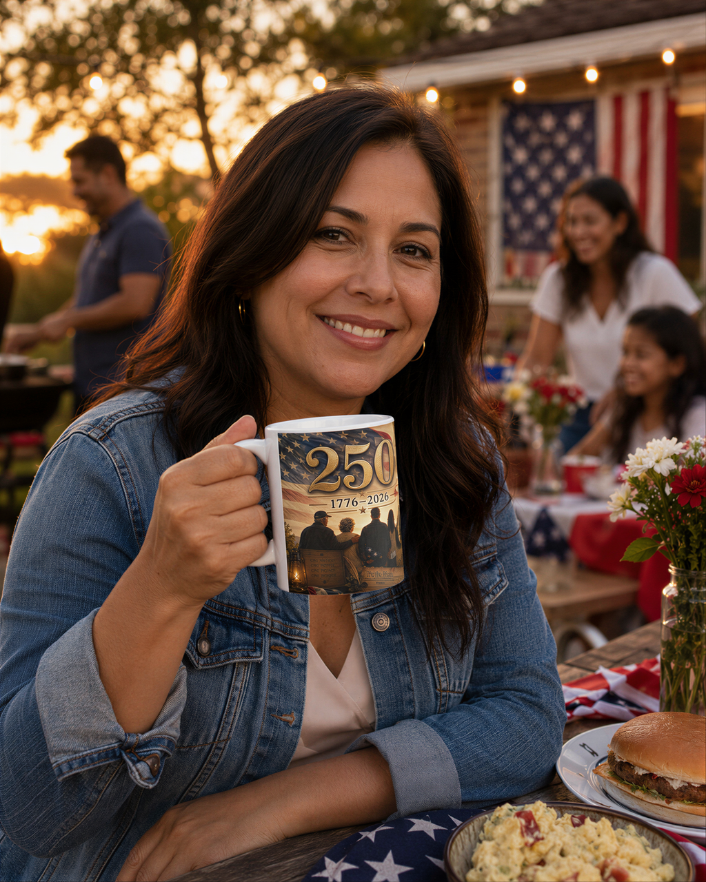 A woman is sitting at a table outdoors, holding a mug with a picture of three people on it. The table has a plate of food and a vase of flowers. There are other people in the background, suggesting a social gathering or event.