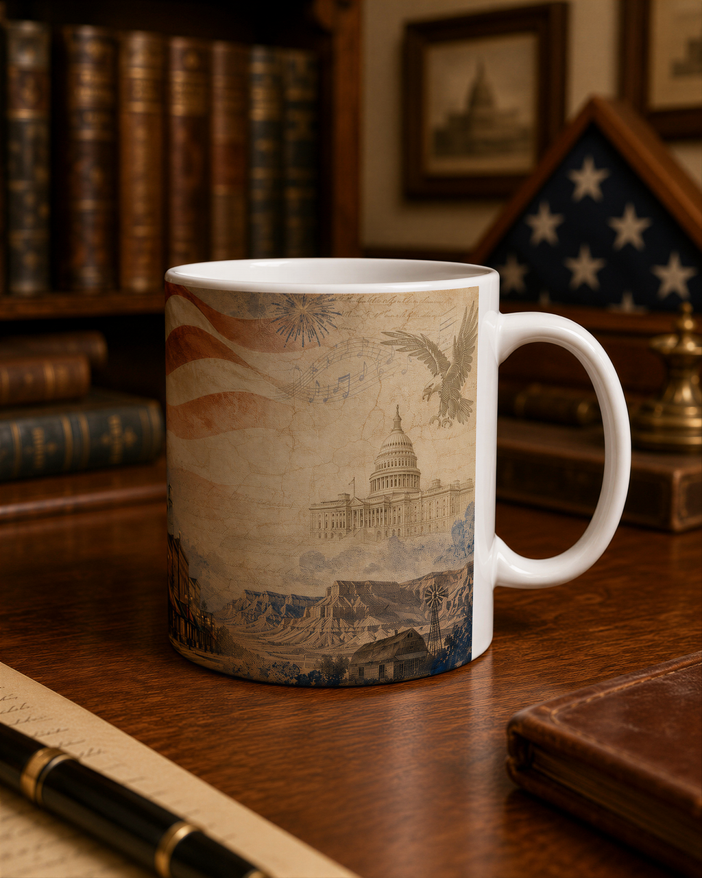 A white mug with an American flag design sits on a wooden desk, surrounded by books and other items.