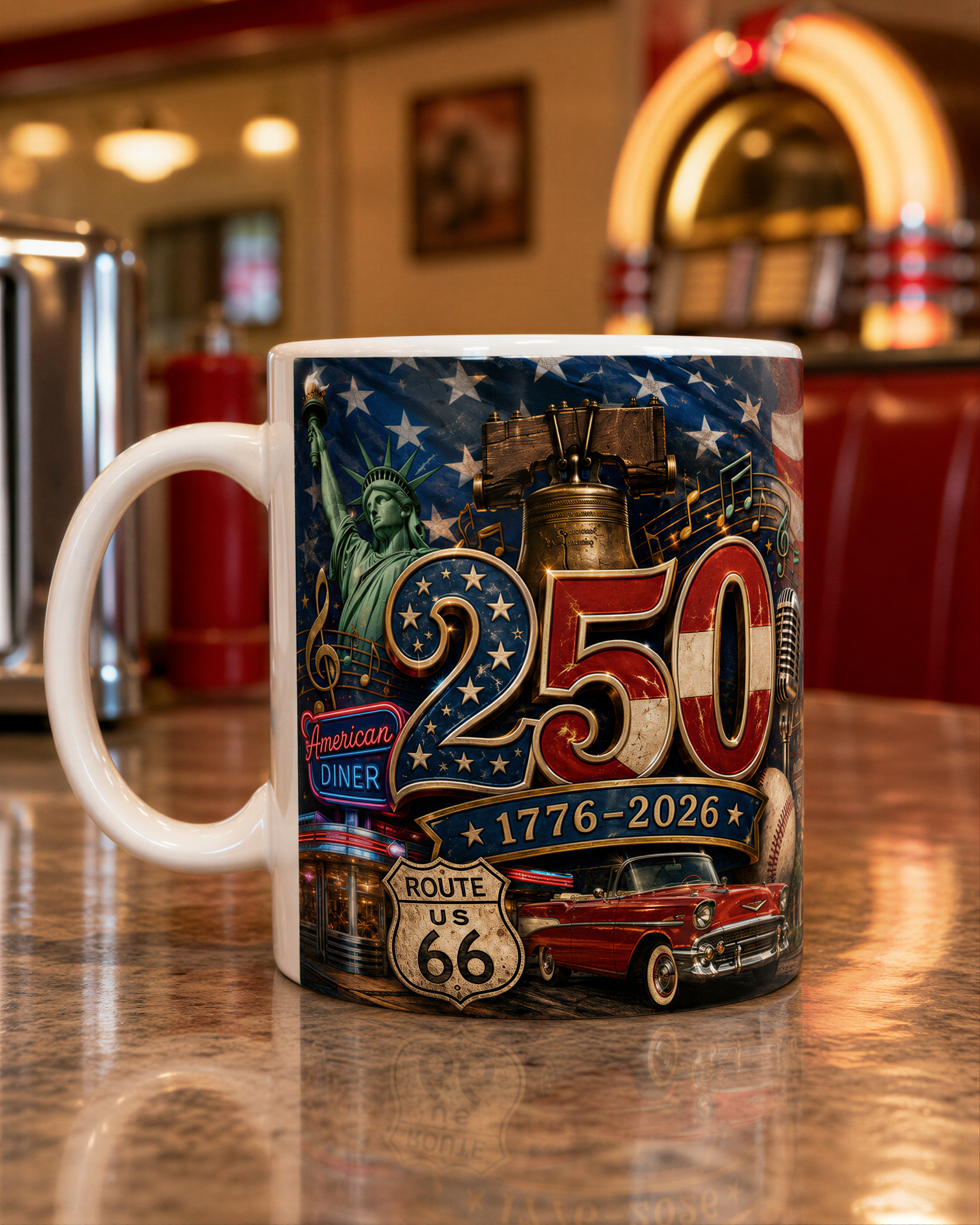 A white coffee mug with a design featuring the Statue of Liberty, Route 66, and a vintage car, along with the text "250th Anniversary of Route 66".