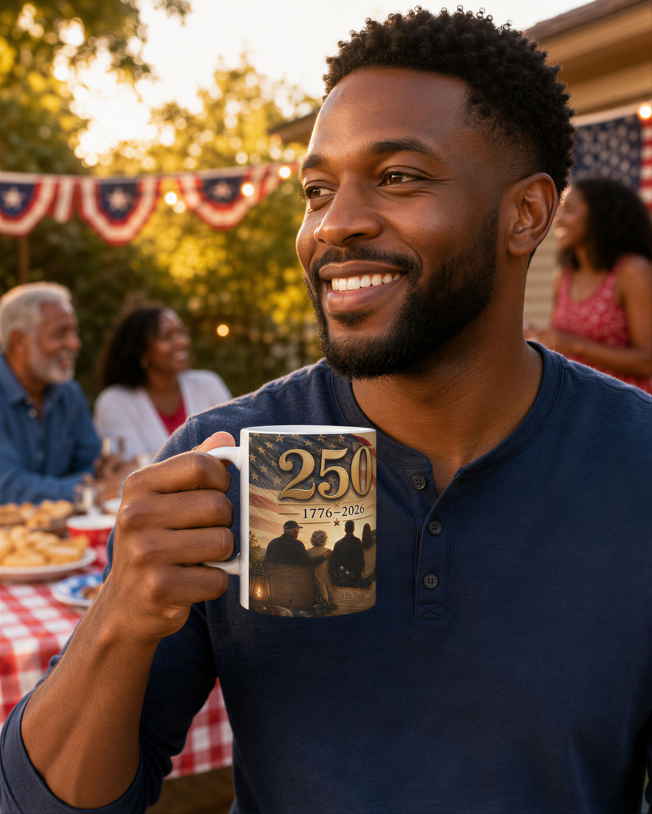 A smiling man holding a mug with the number "250" printed on it, standing in front of a table with food and people in the background.