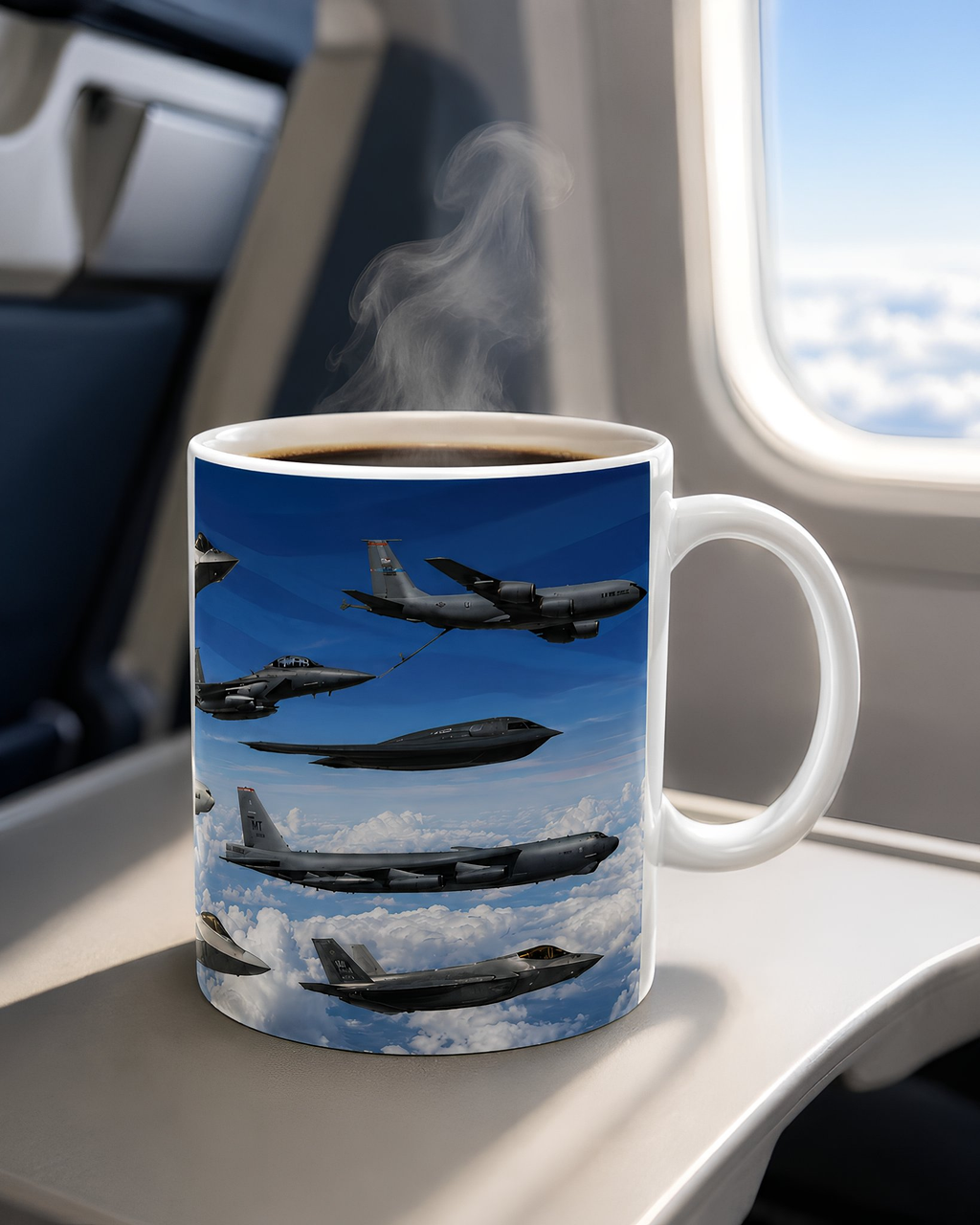 A mug with a picture of several fighter jets flying in formation against a blue sky with clouds.