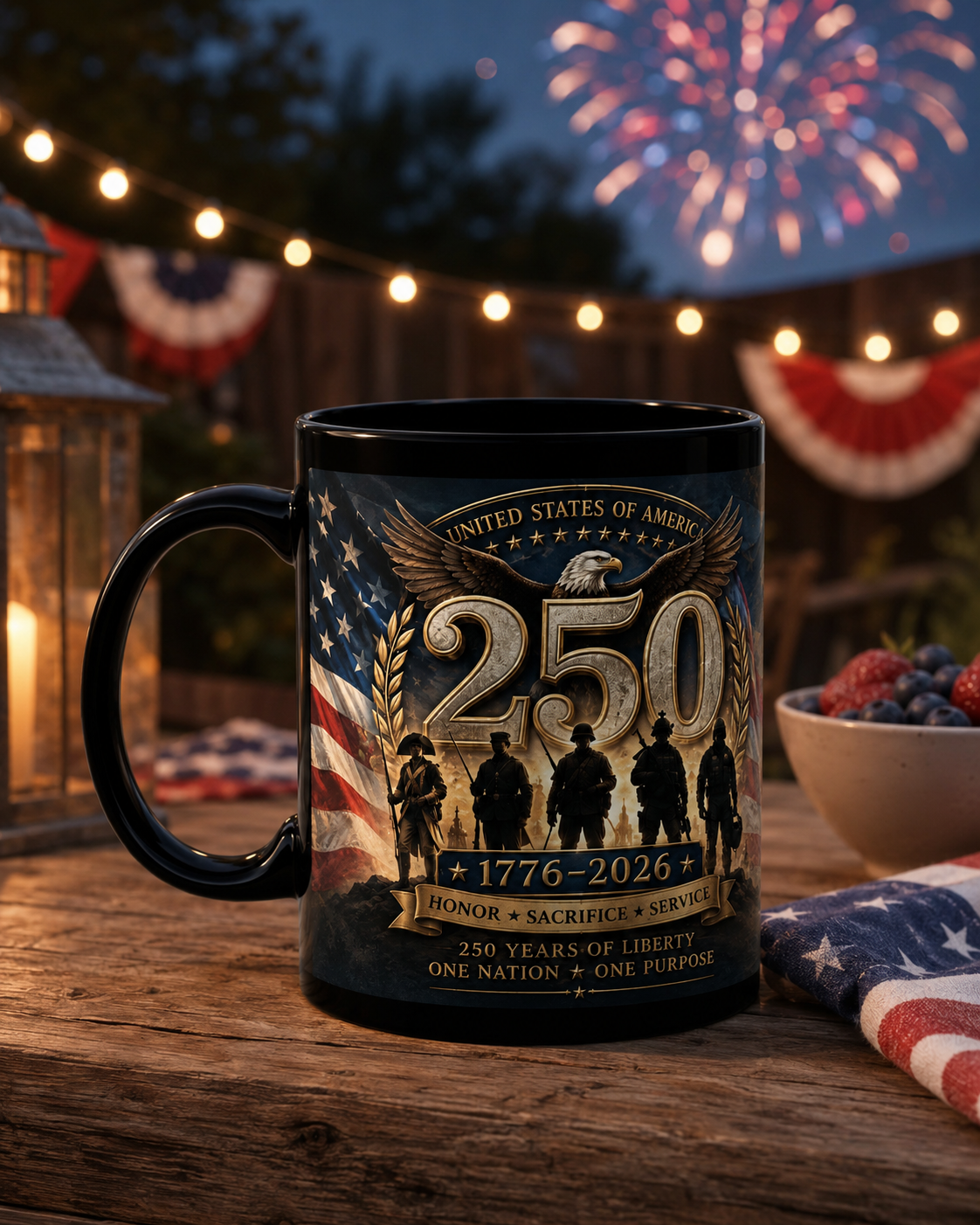 Military Celebration Mug – Glossy Black Ceramic Coffee Cup with Bold Print