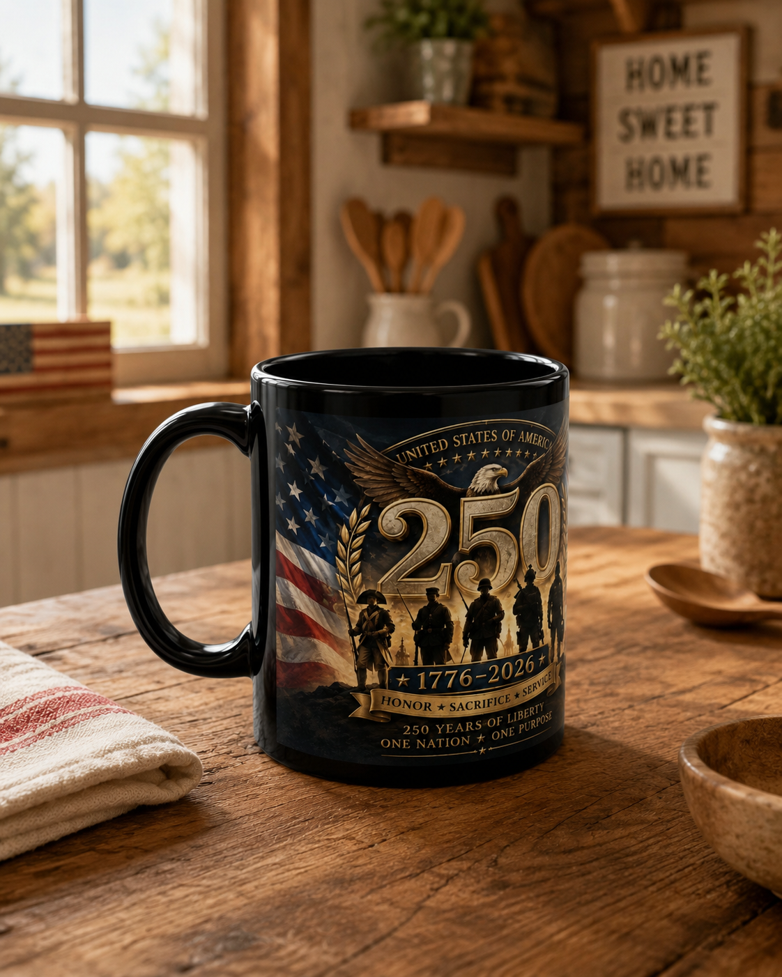 Military Celebration Mug – Glossy Black Ceramic Coffee Cup with Bold Print