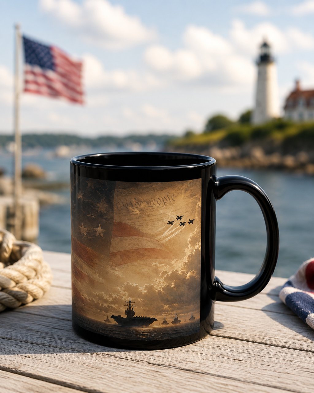 Military Celebration Mug – Glossy Black Ceramic Coffee Cup with Bold Print