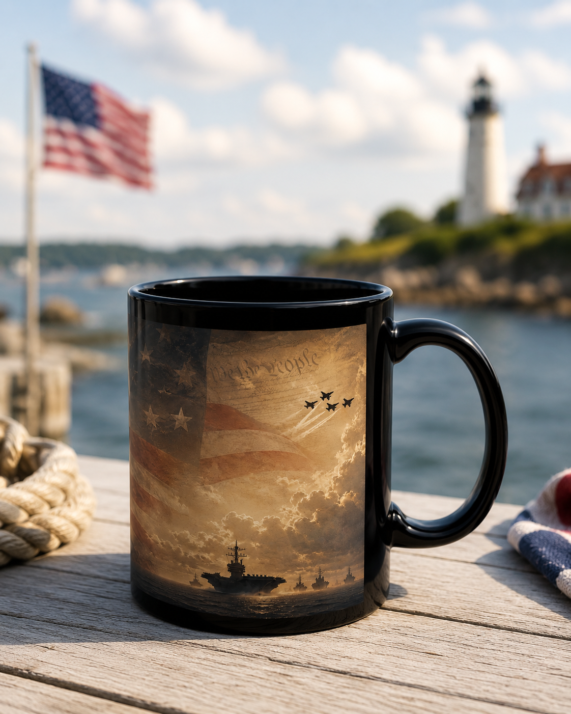 Military Celebration Mug – Glossy Black Ceramic Coffee Cup with Bold Print