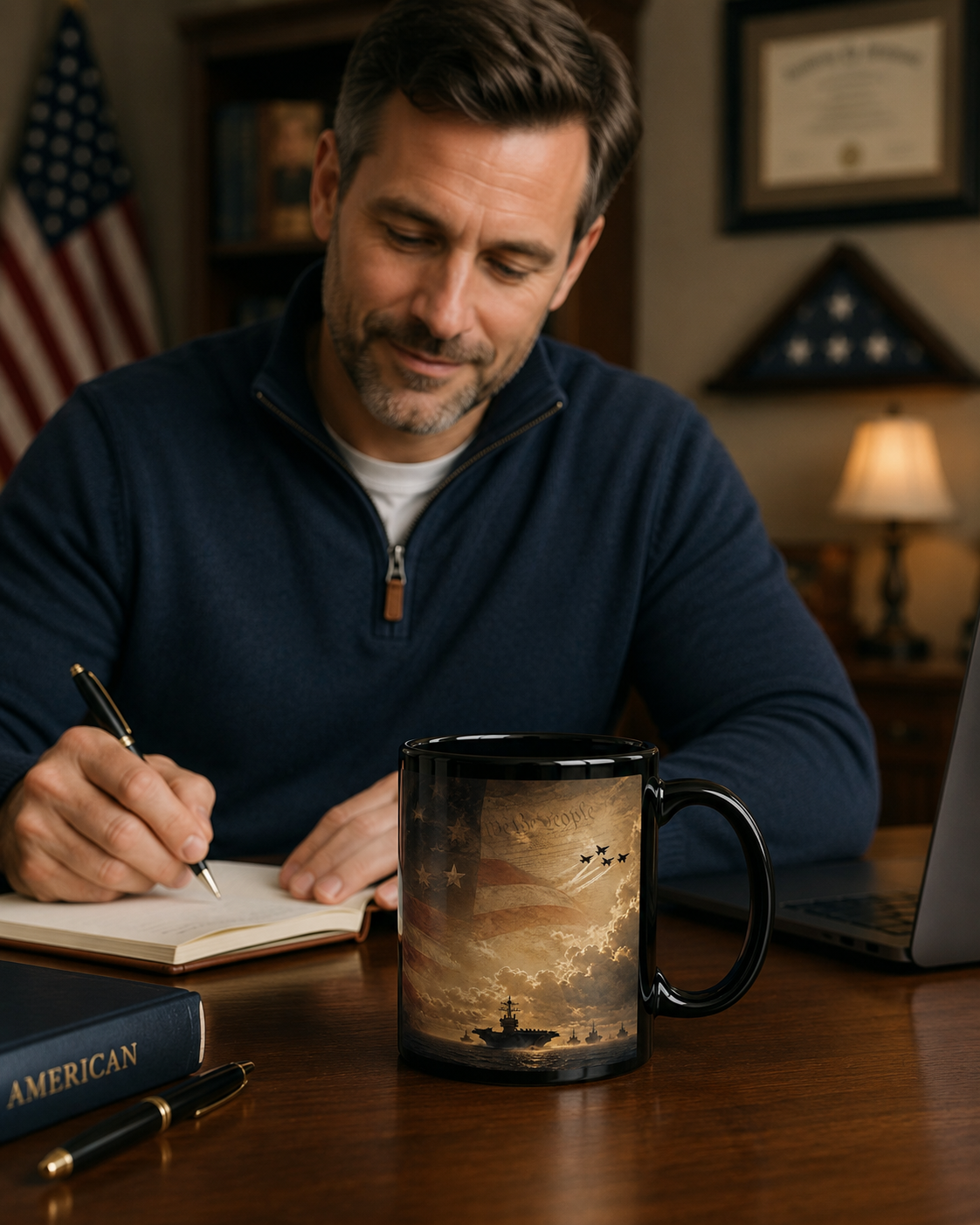 Military Celebration Mug – Glossy Black Ceramic Coffee Cup with Bold Print