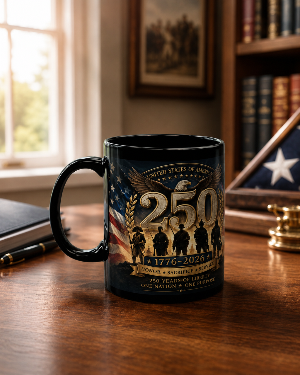 Military Celebration Mug – Glossy Black Ceramic Coffee Cup with Bold Print