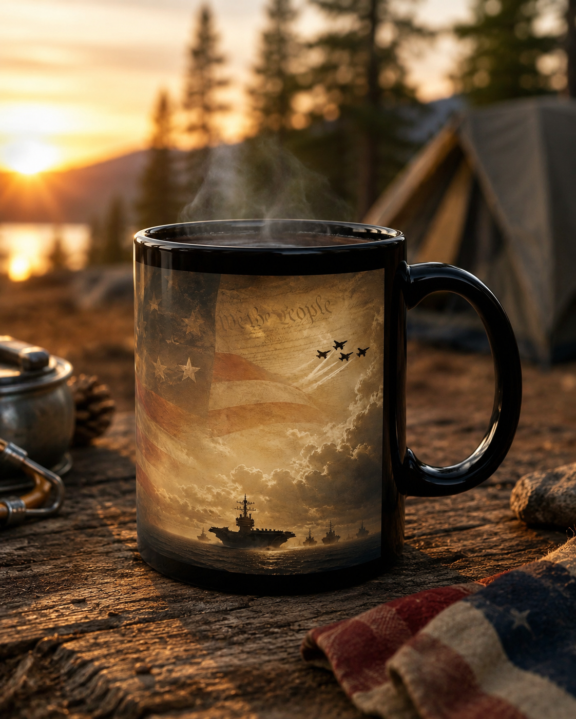 Military Celebration Mug – Glossy Black Ceramic Coffee Cup with Bold Print